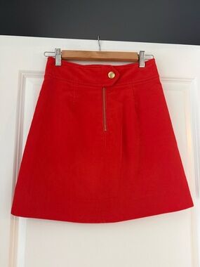 J. Crew Red A-Line Corduroy Skirt with Front Zip and Gold Button